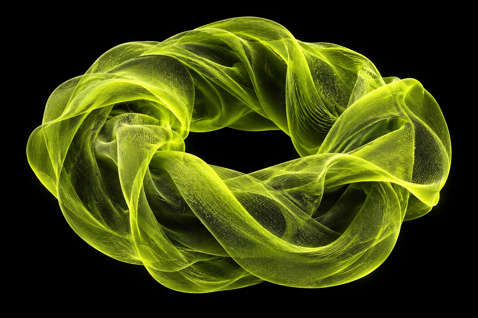 Escultura abstrata de fios verdes entrelaçados, representando conexões que criam algo maior